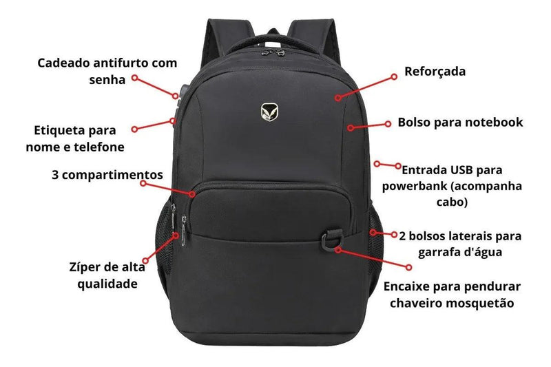 Mochila Antifurto com Cadeado e Entrada USB