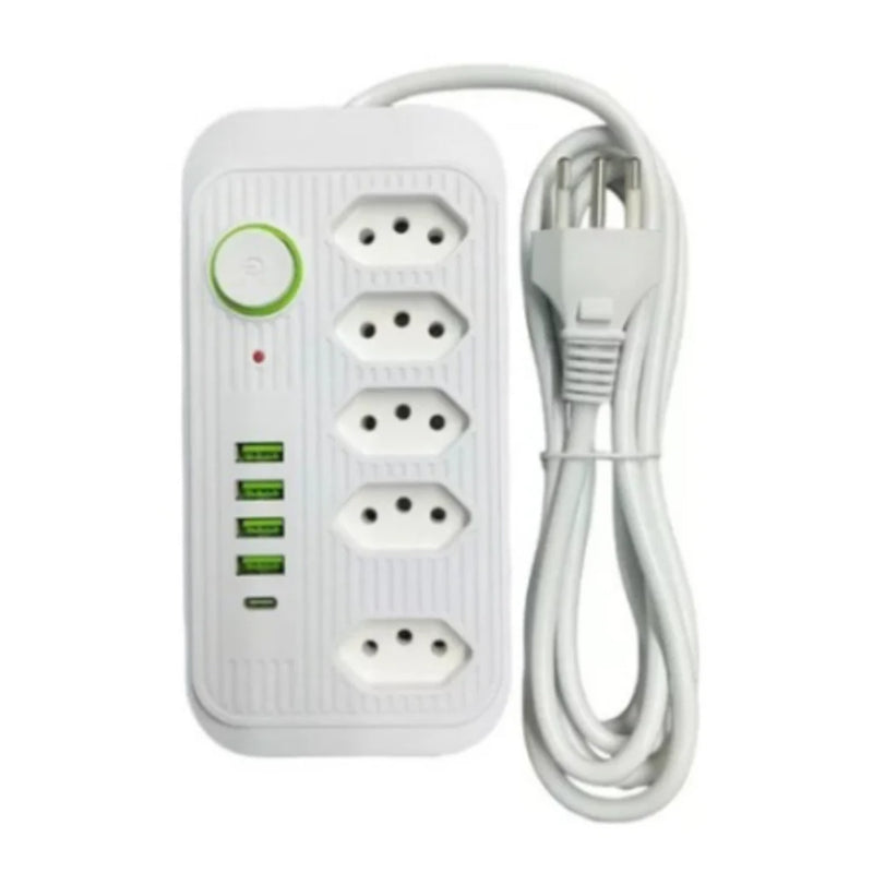 Régua Extensão 5 Tomadas + 4 USB + Tipo-C | 2 Metros