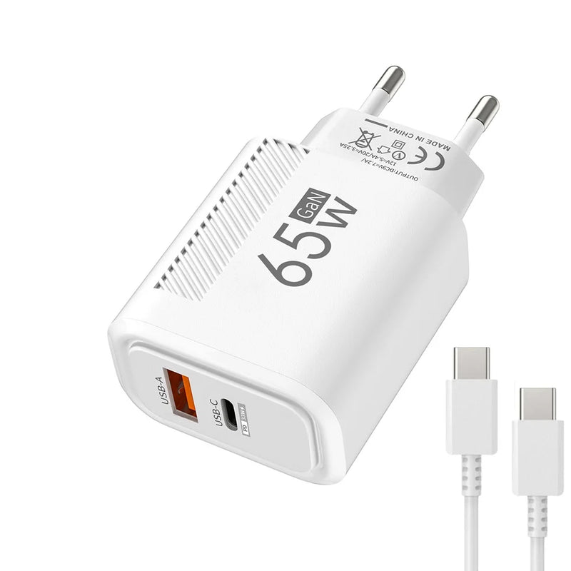 Carregador GaN 65W – USB-C + USB-A