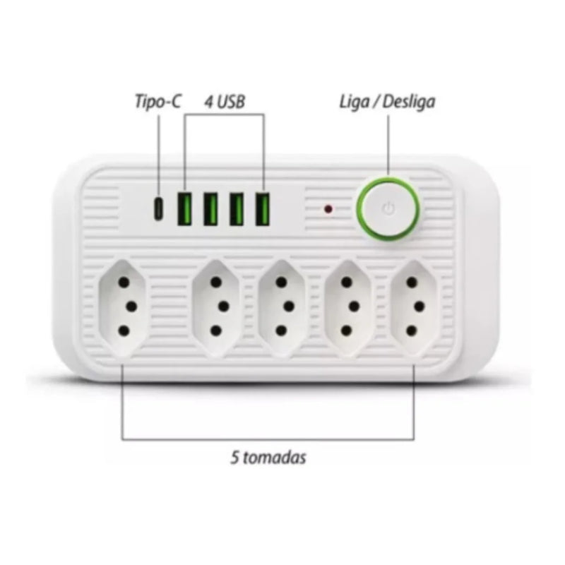 Régua Extensão 5 Tomadas + 4 USB + Tipo-C | 2 Metros