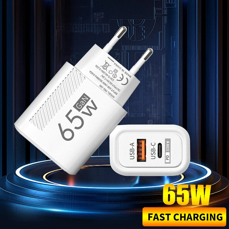 Carregador GaN 65W – USB-C + USB-A