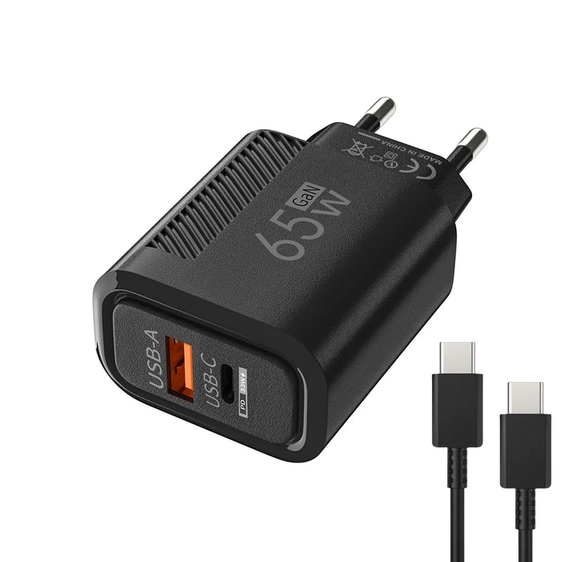 Carregador GaN 65W – USB-C + USB-A